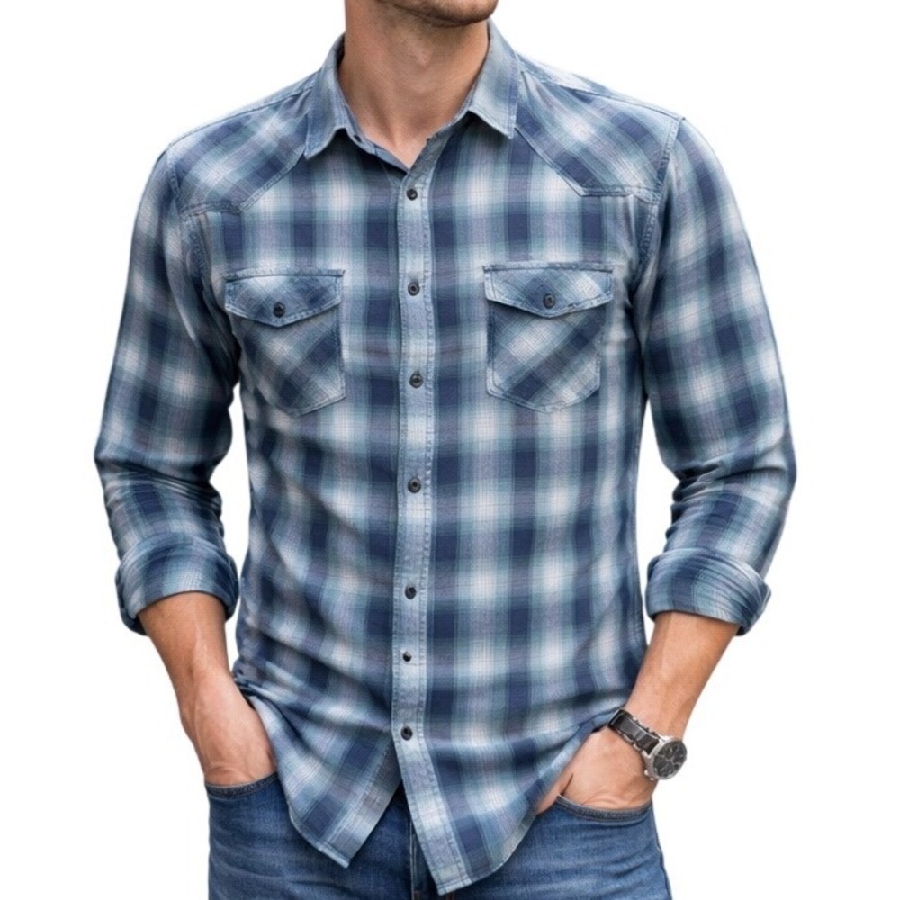 Helix Men's Y2K Athletic Fit Plaid Button Up Shirt Sz XL Blue Gray ‎ Long Sleeve